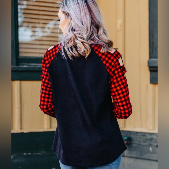 Women’s “CHECKED ALL THE BOXES TOP” Black & Red Checkered Long Sleeve Tee Size L - Picture 5 of 17